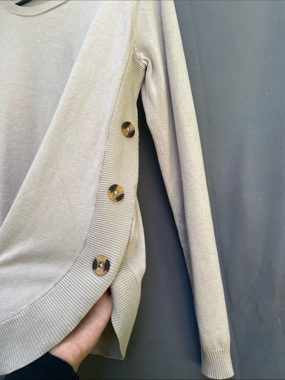 Light Beige Button-Detail Crewneck Sweater - Picture 2 of 4